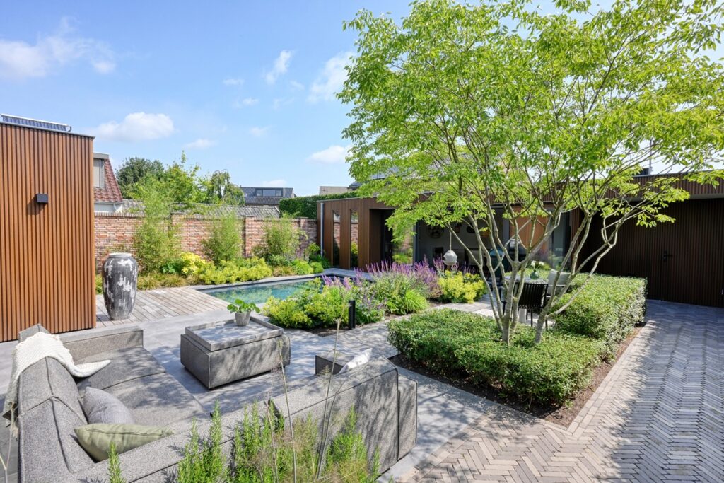 De Hoog Hoveniers - Jaro van Meerten - luxe tuin met zwembad en meerstammige boom 1
