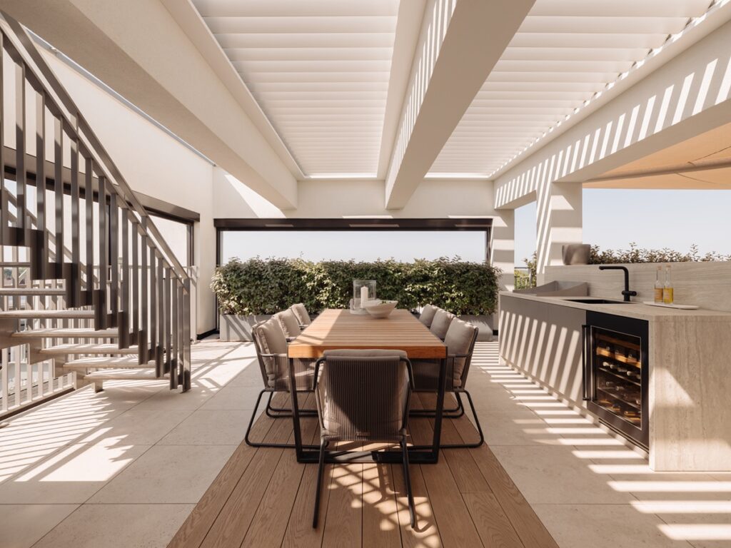 Dakterras, met lamellendak, buitenkeuken en diningtable